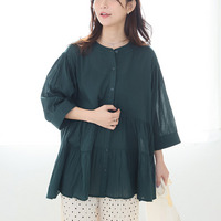【風通るプレミアム】綿 楊柳 七分袖 ティアード ブラウス