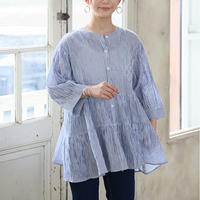 【風通るプレミアム】綿 楊柳 七分袖 ティアード ブラウス