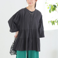 【風通るプレミアム】綿 楊柳 七分袖 ティアード ブラウス