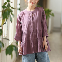 【風通るプレミアム】綿 楊柳 七分袖 ティアード ブラウス