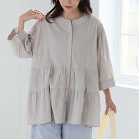 【風通るプレミアム】綿 楊柳 七分袖 ティアード ブラウス