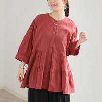 【風通るプレミアム】綿 楊柳 七分袖 ティアード ブラウス