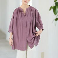 【風通るプレミアム】綿 楊柳 七分袖 はしごレース ブラウス