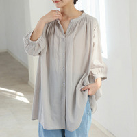 【風通るプレミアム】綿 楊柳 七分袖 はしごレース ブラウス