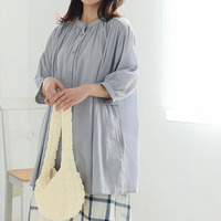 【風通るプレミアム】綿 楊柳 七分袖 はしごレース ブラウス