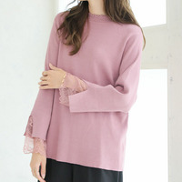 Rin サイズ感にこだわり！Tシャツ感覚で着られる！上品 ラメ 華やぎ美人袖 レース リブニット