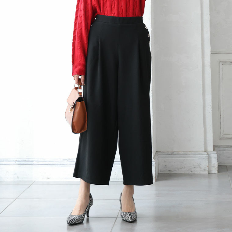 Rin 薄くてあったか とろける肌触り メルティ ストレッチ ポケットボタン チェック ワイドパンツ1