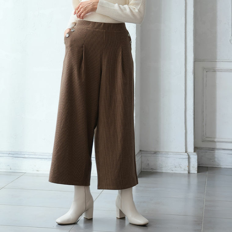 Rin 薄くてあったか とろける肌触り メルティ ストレッチ ポケットボタン チェック ワイドパンツ1