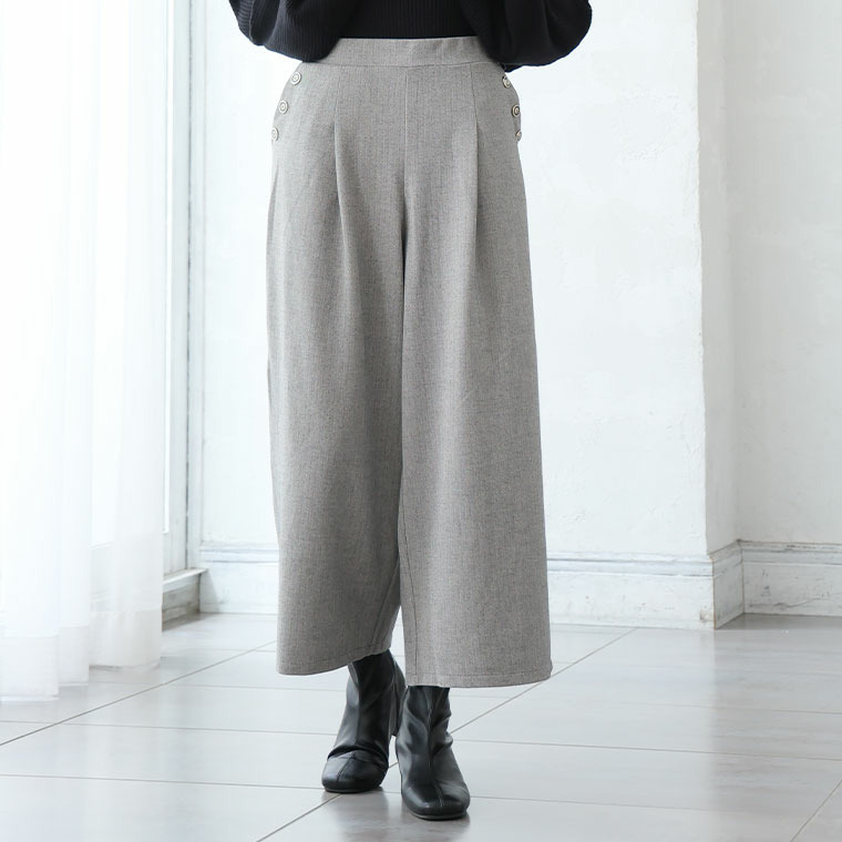 Rin 薄くてあったか とろける肌触り メルティ ストレッチ ポケットボタン チェック ワイドパンツ1