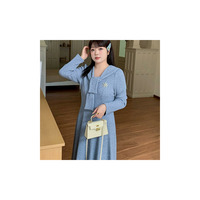 スカーフ＆セーラー襟付きラウンドネックのワッフルニットワンピース