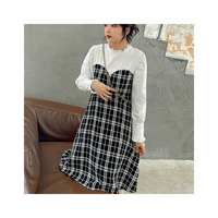 ホワイトブラウス 重ね着風 チェック柄ツイード ワンピース