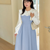 大きなドールカラーのホワイトブラウス重ね着風 ワンピース