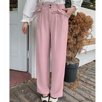 飾り紐付き ハイウエスト きれいめ ワイドストレートパンツ