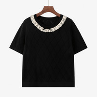 リボンレース縁取りラウンドネックのダイヤ柄ニットトップス