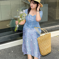 シワ加工生地にホワイト＆パープルの小花刺繍 フェミニンワンピース