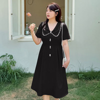 パールビーズ刺繍とビジューボタン飾りのタックフレアワンピース