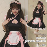 ブラックにピンク縁取りのチャイナカラー ！メイドコスプレワンピース
