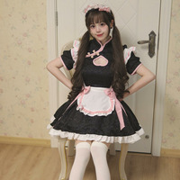 ブラックにピンク縁取りのチャイナカラー ！メイドコスプレワンピース