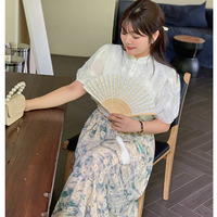 フリンジのあるジャガードシフォン生地のチャイナカラーブラウス
