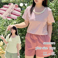 レースリボン＆ビジュー ネックデザイン ボーダー柄リブ素材半袖 Tシャツ
