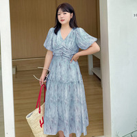 柔らかなボカシフラワープリントのティアードロングワンピース