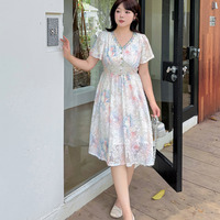 レトロで大人可愛い レースリボン付き花柄ジャガードワンピース