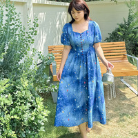 ブルーグラデーションに小花柄のフェミニンなフレアワンピース