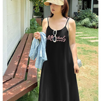 胸ロゴプリント 細肩紐 Aライン カジュアル ロング ワンピース