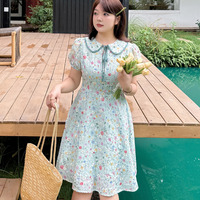 刺繍を施したフラワープリント生地のフレア膝丈ワンピース