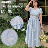刺繍入り縦シワ生地 レースコラージュ 半袖フレアワンピース