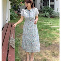 レトロな刺繍入りフラワープリントのドールカラーフレアワンピース