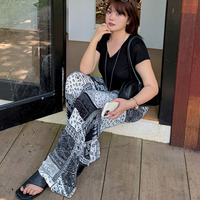 長さ2タイプ  フルレングス ウエストゴム仕様 パッチワーク風ワイドパンツ