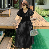 ドローストリング仕様の前後Ｖネックフレアワンピース 