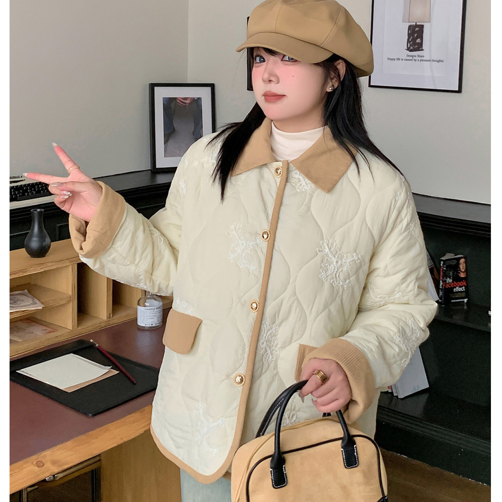 コーデュロイ配色デザイン 刺繍入りのキルティングジャケット3