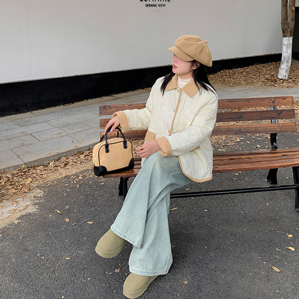 コーデュロイ配色デザイン 刺繍入りのキルティングジャケット5