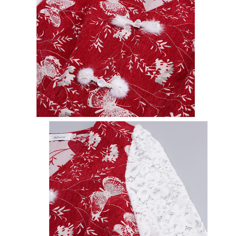 起毛レース袖 華やかな銀糸入り蝶刺繍ベルベットフレアワンピース10