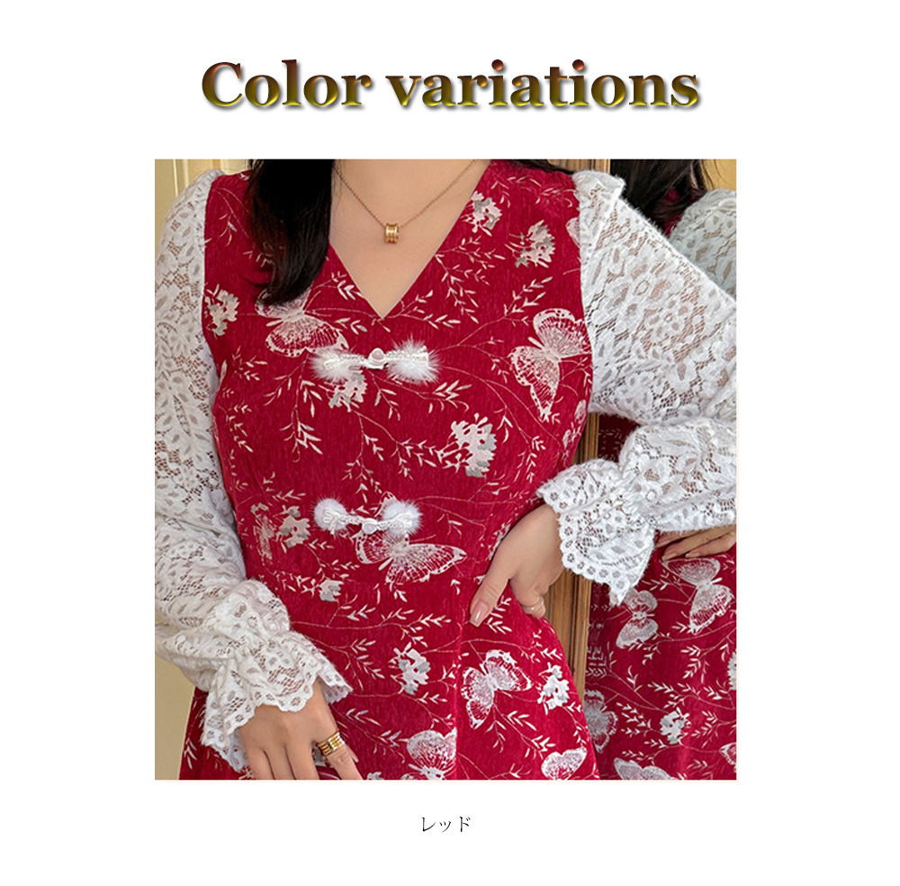 起毛レース袖 華やかな銀糸入り蝶刺繍ベルベットフレアワンピース13