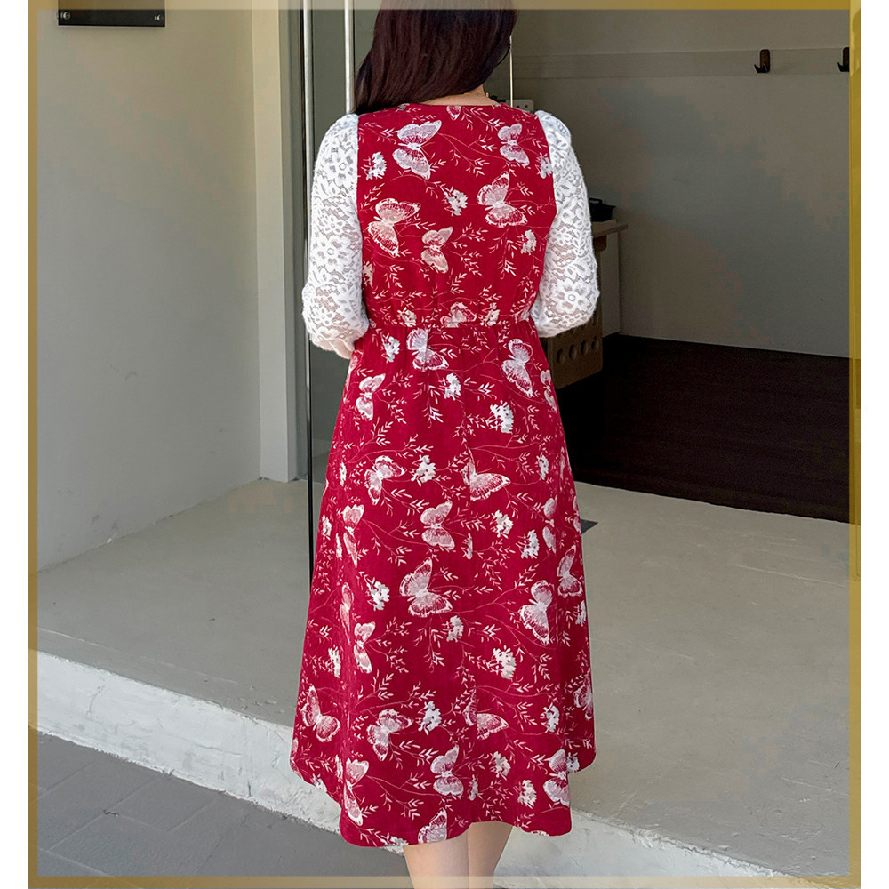 起毛レース袖 華やかな銀糸入り蝶刺繍ベルベットフレアワンピース14