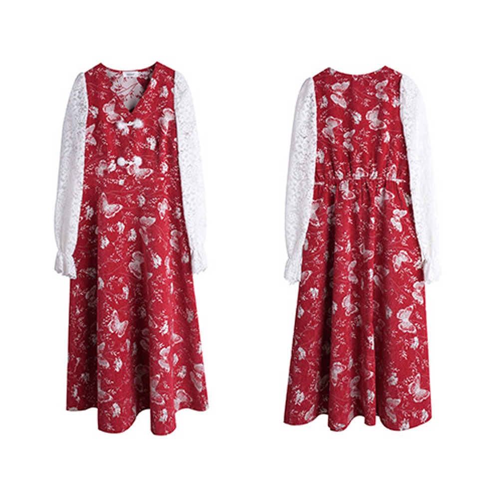 起毛レース袖 華やかな銀糸入り蝶刺繍ベルベットフレアワンピース17