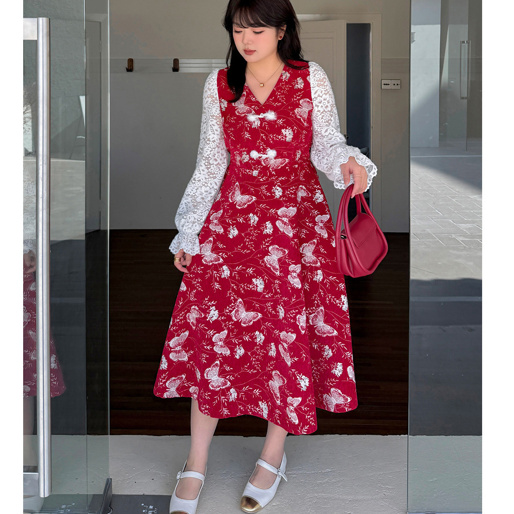 起毛レース袖 華やかな銀糸入り蝶刺繍ベルベットフレアワンピース3