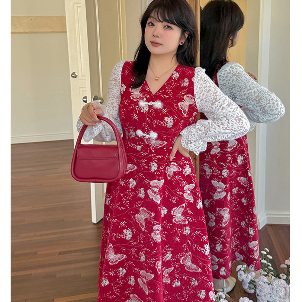 起毛レース袖 華やかな銀糸入り蝶刺繍ベルベットフレアワンピース4