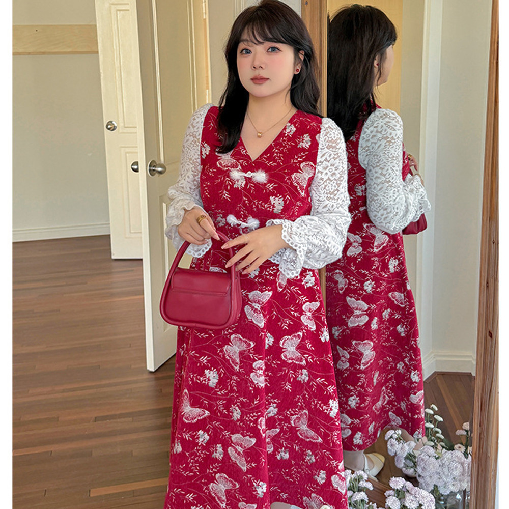 起毛レース袖 華やかな銀糸入り蝶刺繍ベルベットフレアワンピース5