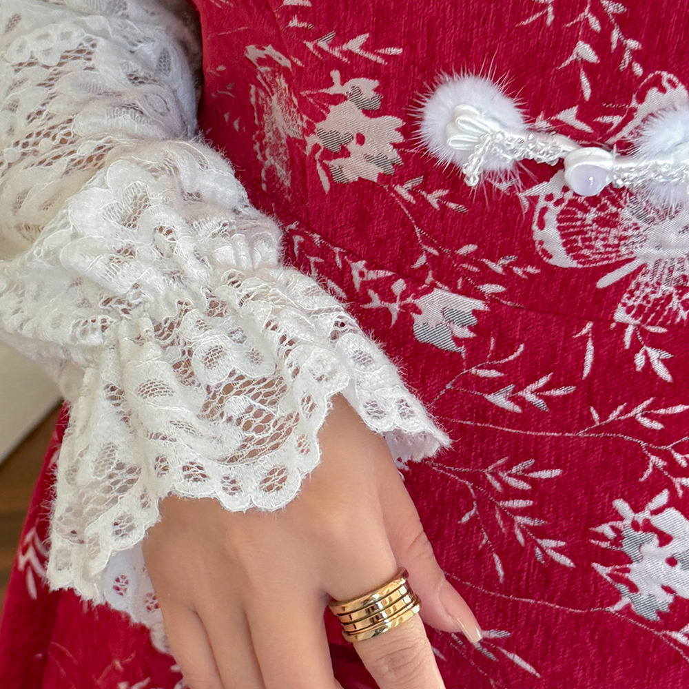 起毛レース袖 華やかな銀糸入り蝶刺繍ベルベットフレアワンピース6