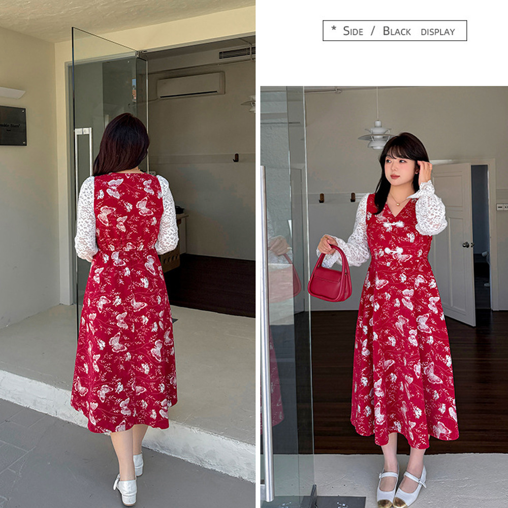 起毛レース袖 華やかな銀糸入り蝶刺繍ベルベットフレアワンピース7