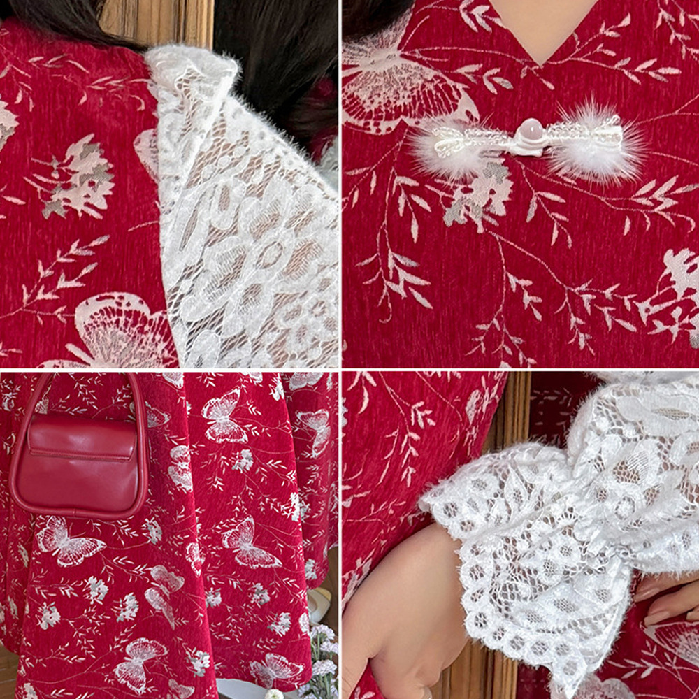 起毛レース袖 華やかな銀糸入り蝶刺繍ベルベットフレアワンピース8