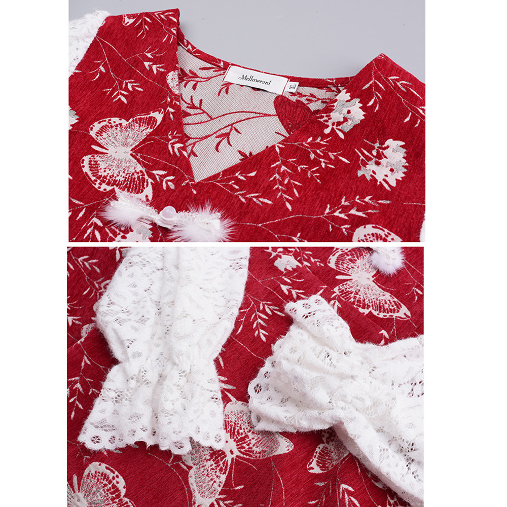 起毛レース袖 華やかな銀糸入り蝶刺繍ベルベットフレアワンピース9