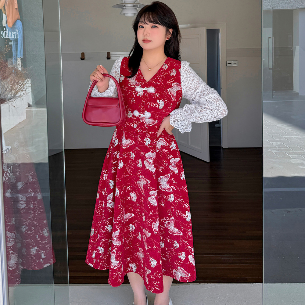 起毛レース袖 華やかな銀糸入り蝶刺繍ベルベットフレアワンピース1