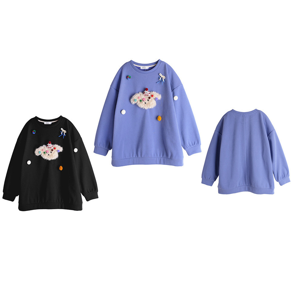 モコモコの子犬立体モチーフ飾り付き 大人可愛い裏起毛トップス2