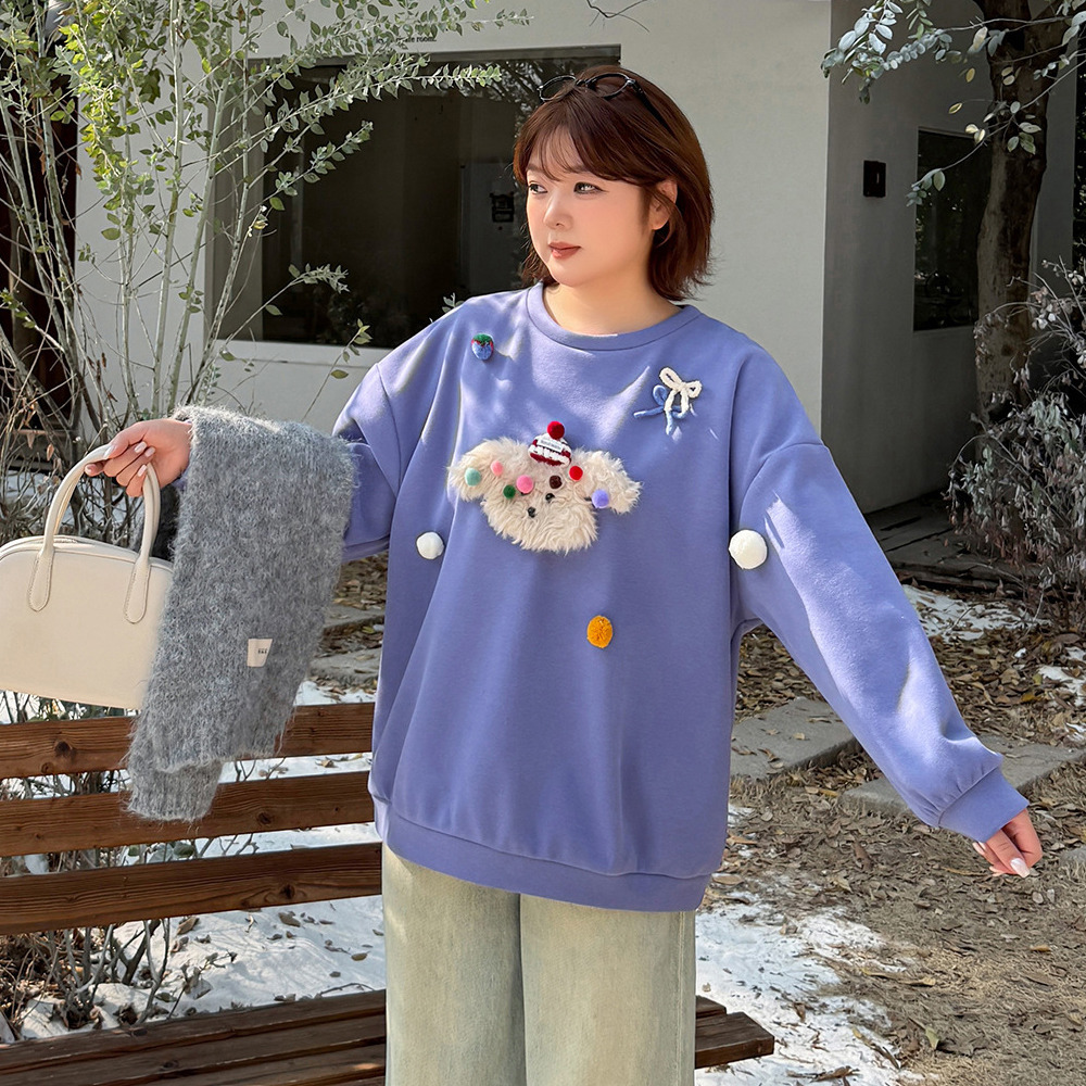 モコモコの子犬立体モチーフ飾り付き 大人可愛い裏起毛トップス1