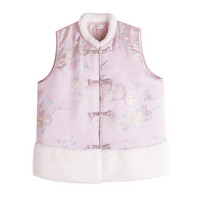 チャイナ風デザインのファーコラージュ 花柄ジャガードサテンベスト